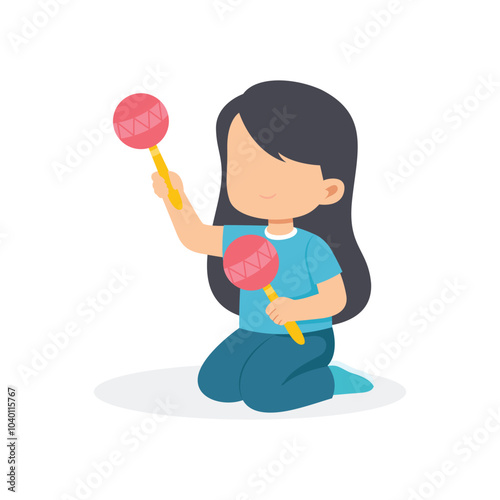 Little girl playing a toy maracas and feel happy. Smiling excited children cartoon character with toy. vector illustration 