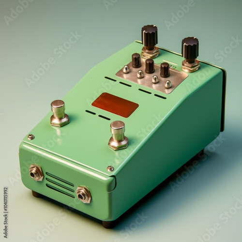 A retro-inspired green guitar effects pedal featuring multiple control knobs and switches, designed for musicians to modify and enhance sound effects photo