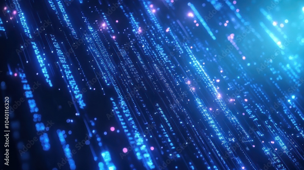 Fototapeta premium Blue binary code background with glowing lights and data flowing, technology concept