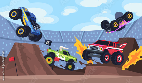 Cartoon monster trucks extreme show. Heavy cars with large wheels at arena, aggressive jumping and overcoming obstacles, entertainment banner, game speed transport, tidy vector concept