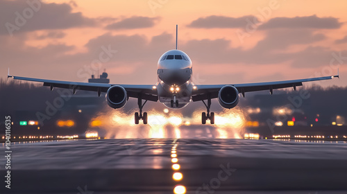 A commercial airplane lifts off from a runway at dusk, symbolizing travel, adventure, and new beginnings against a dramatic sky.