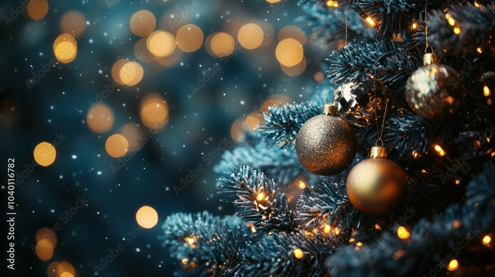 Bokeh lumineux de points dorés et bleus sur un fond sombre, créant une ambiance festive et élégante - guirlandes de noël, sapin de noël, fête de fin d'année espace négatif copyspace Bokeh lumineux de points dorés et bleus sur un fond sombre, créant une ambiance festive et élégante - guirlandes de noël, sapin de noël, fête de fin d'année espace négatif copyspace