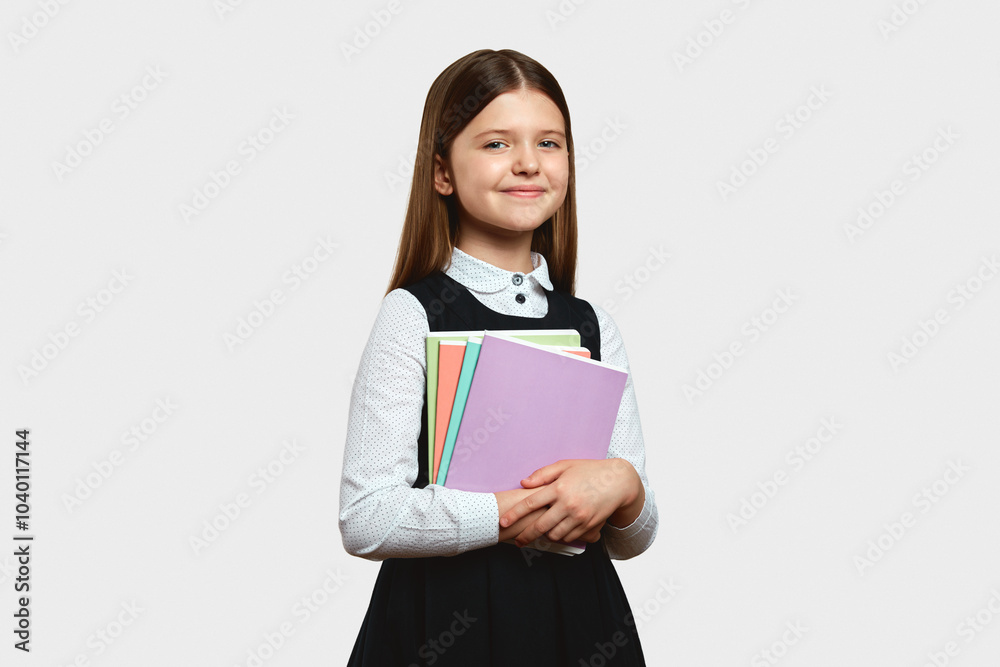 Cheerful pupil girl with blonde hair wearing school uniform, embracing colorful notebooks and looking at camera, isolated over white background Cheerful pupil girl with blonde hair wearing school uniform, embracing colorful notebooks and looking at camera, isolated over white background