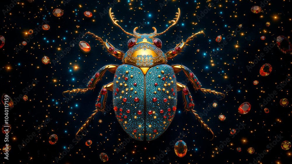 Beetle covered with gemstones, dark background Beetle covered with gemstones, dark background