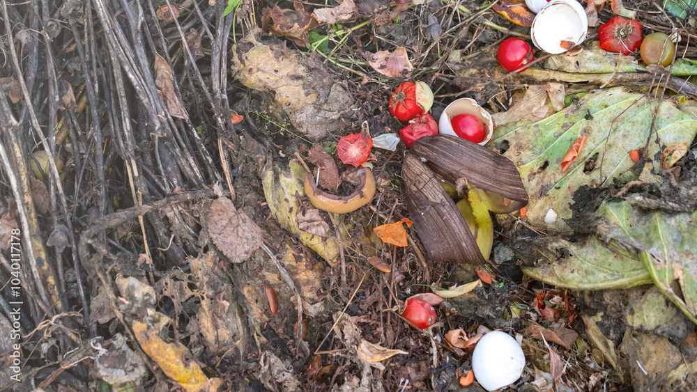 A pile of leaves and dirt with a few red berries scattered around. Scene is somewhat messy and disorganized A pile of leaves and dirt with a few red berries scattered around. Scene is somewhat messy and disorganized