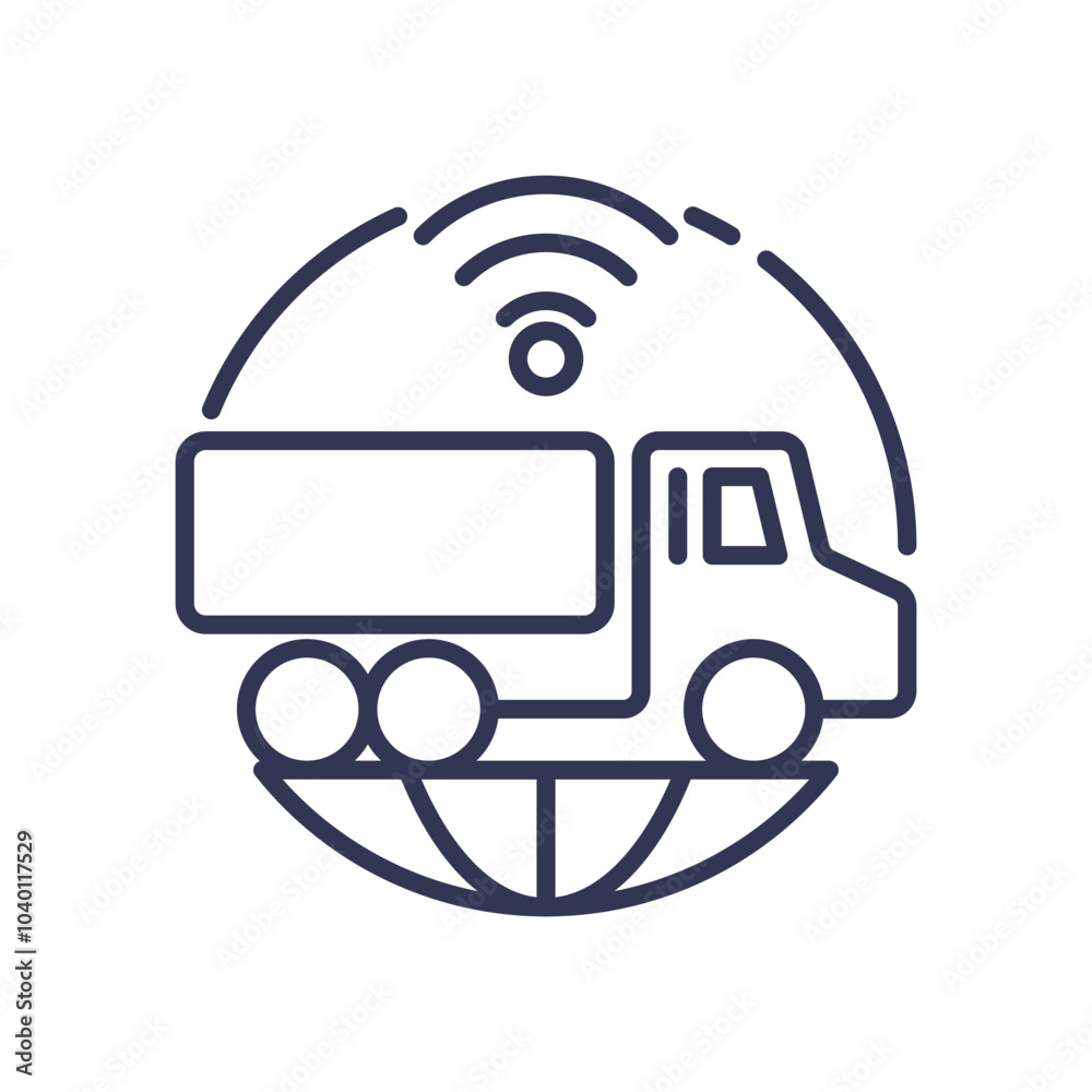Truck with wireless signal over globe symbolizes global logistics tracking. Truck with wireless signal over globe symbolizes global logistics tracking.