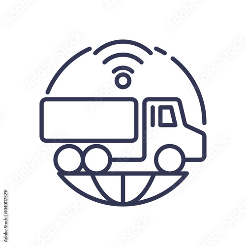 Truck with wireless signal over globe symbolizes global logistics tracking.
