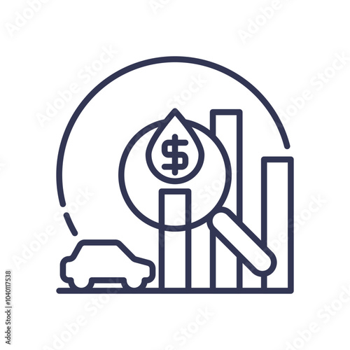 Line art of a car, bar chart, and dollar sign in a droplet, symbolizing financial analysis in the automotive industry.