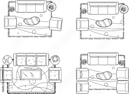 Vector sketch illustration silhouette design drawing of home living room interior with sofa chairs and table