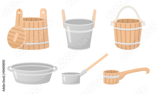 Set of wooden and metal buskets, basins, ladle flat style illustration. Sauna, bathhouse, farm, kitchen objects, design elements isolated on white. Vector illustration