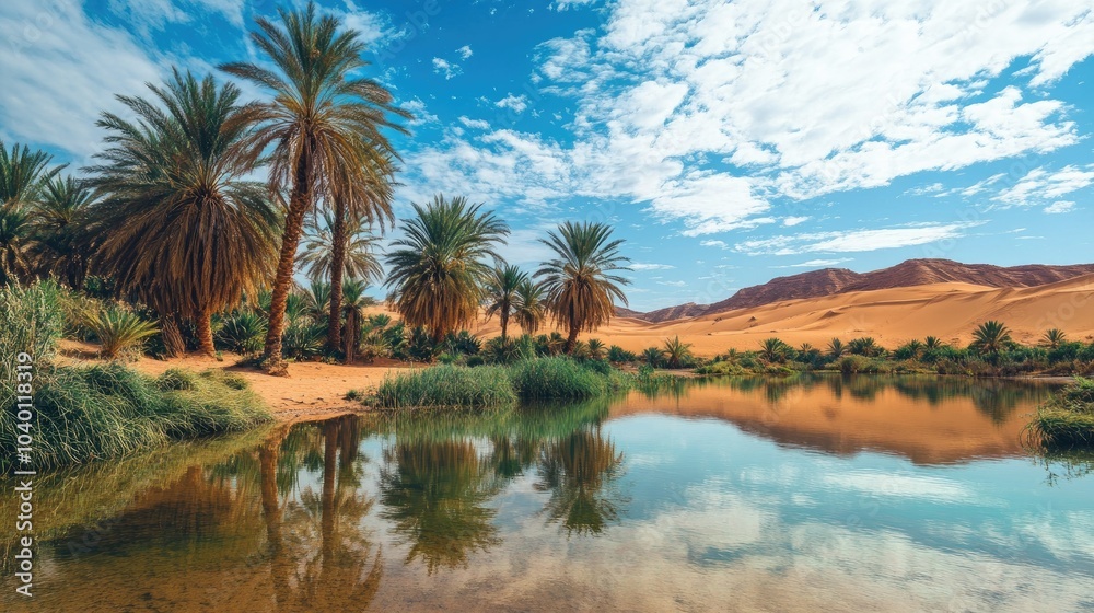African desert oasis with palm trees and clear water, leaving room for text in the sky African desert oasis with palm trees and clear water, leaving room for text in the sky