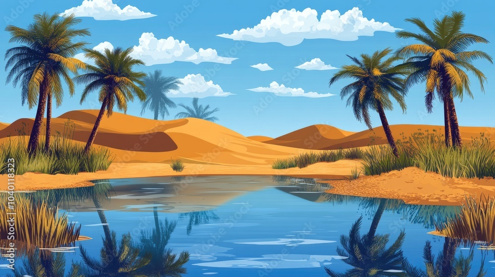 African desert oasis with palm trees and clear water, leaving room for text in the sky African desert oasis with palm trees and clear water, leaving room for text in the sky