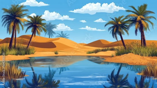 African desert oasis with palm trees and clear water, leaving room for text in the sky