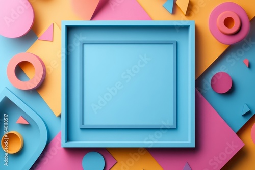 Blue frame lying on multicolored geometric shapes background. Copy space for text photo