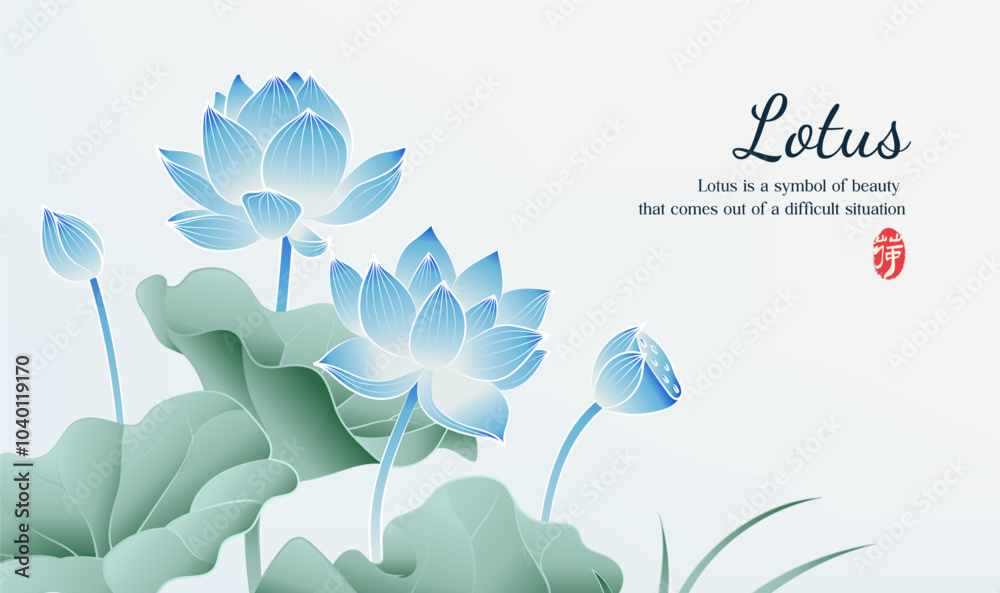 Hand painted Chinese style elegant lotus color illustration on light grey background