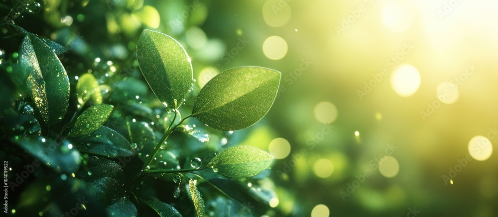 Fresh Green Leaves with Dew Drops and Sunlight Fresh Green Leaves with Dew Drops and Sunlight