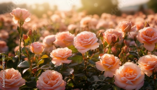 a field of delicate peach colored roses in full bloom their velvety petals unfurling in the warm sunlight creating a vibrant tapestry of color and fragrance