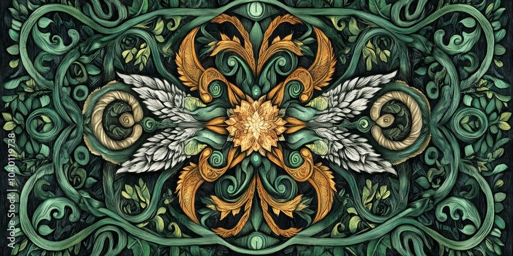 Celtic Mandala with Mythical Animals, intricate ink drawing, sharp outlines, vibrant forest greens, rich symbolism and design Celtic Mandala with Mythical Animals, intricate ink drawing, sharp outlines, vibrant forest greens, rich symbolism and design