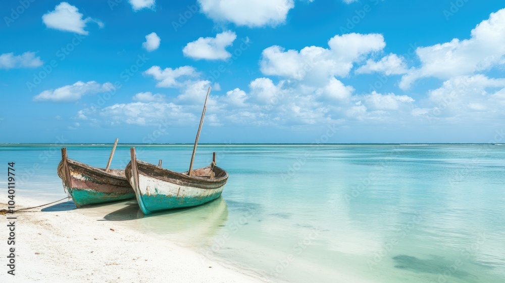 African fishing boats on a calm shoreline with space for text in the sky African fishing boats on a calm shoreline with space for text in the sky