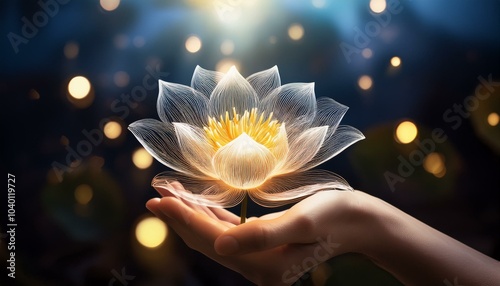 a hand holding a water lily flower in a glowing atmosphere