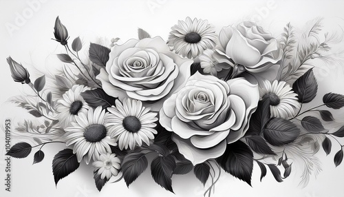 a monochromatic illustration featuring a cluster of roses and daisies set against a pure white backdrop allowing space for written content