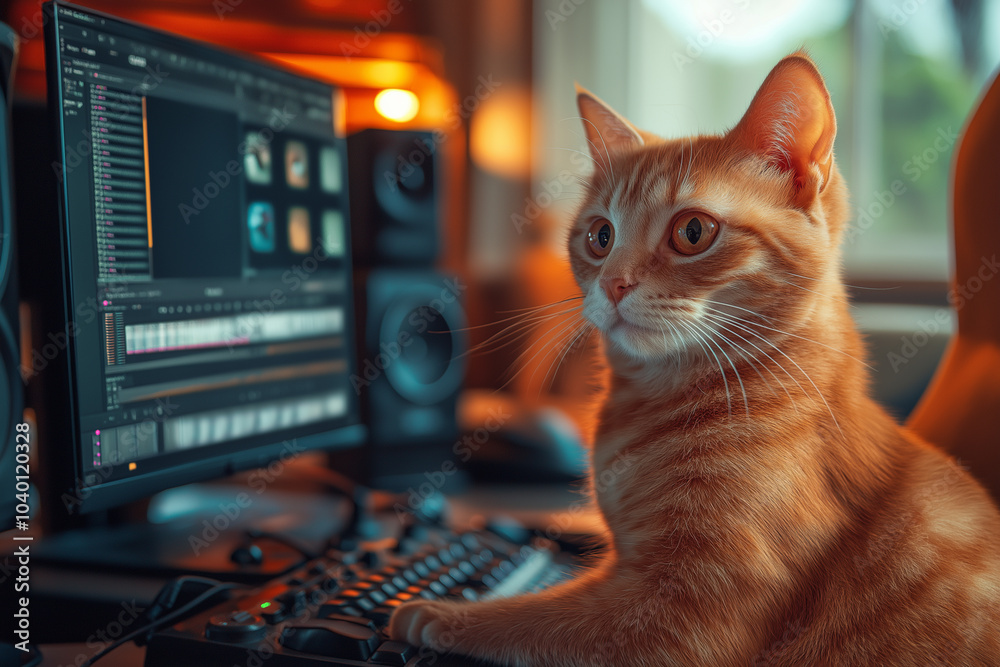cat sitting in front of a computer editing a video cat sitting in front of a computer editing a video