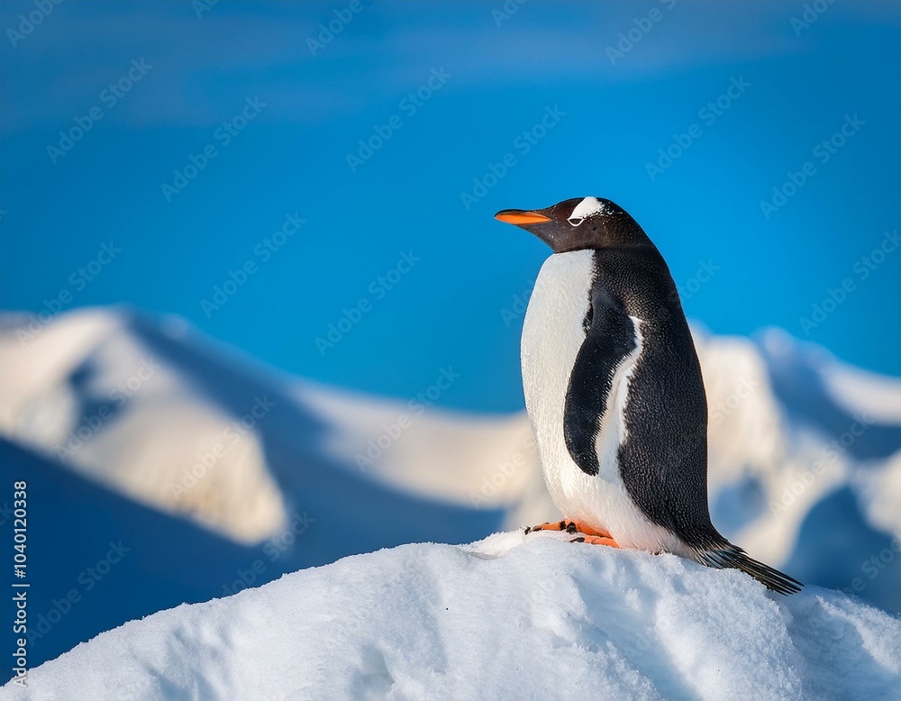 Naklejka premium a penguin perched atop snowy mound adjacent to blue skyline and distant mountain