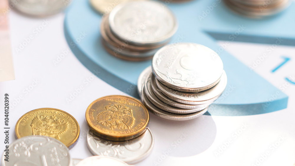 A pile of coins on a blue surface with a pie chart in the background. The coins are of different sizes and colors, and the pie chart is in the background A pile of coins on a blue surface with a pie chart in the background. The coins are of different sizes and colors, and the pie chart is in the background