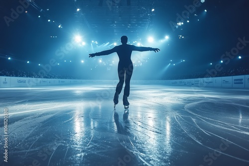 Female figure skater standing on ice with arms outstretched in snowfall photo