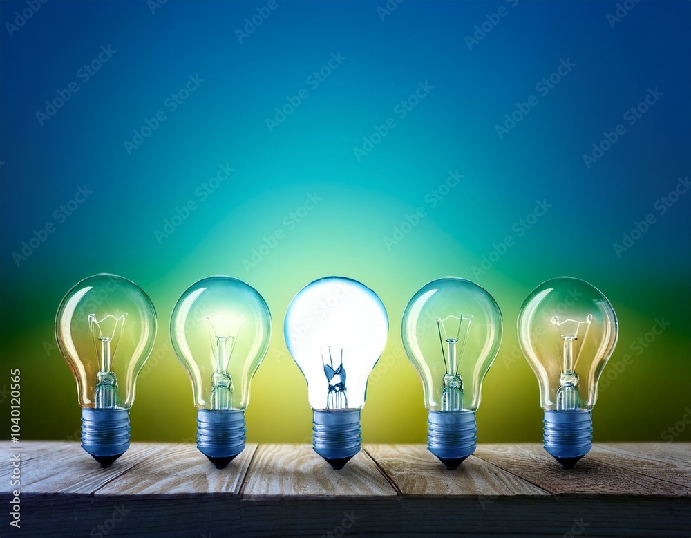 a row of illuminated glass bulbs on a wooden surface with a blue and green background a row of illuminated glass bulbs on a wooden surface with a blue and green background