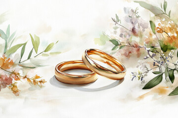 Two golden wedding rings lying on white background with flowers