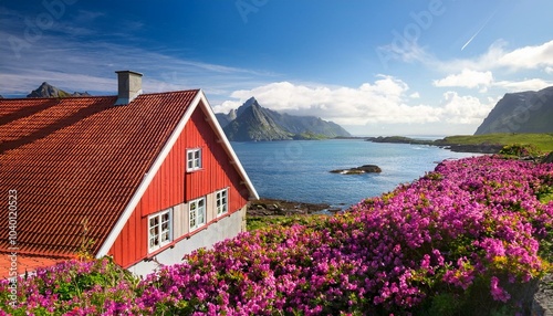 a red roofed house with pink flowers overlooks a body of water photo