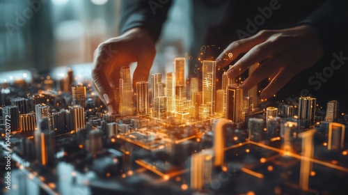 Businessman touching a digital cityscape with smart technology and internet of things icons on a virtual screen, representing a real estate business concept photo