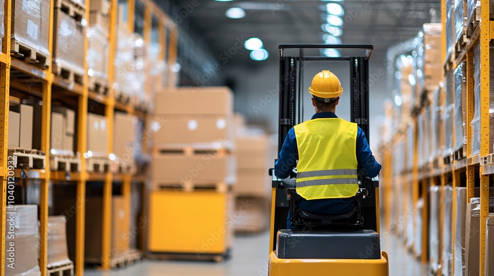 Dynamic Industrial Warehouse with Forklifts and Automated Sorting - Workers in Action and Management Overseeing Operations Dynamic Industrial Warehouse with Forklifts and Automated Sorting - Workers in Action and Management Overseeing Operations