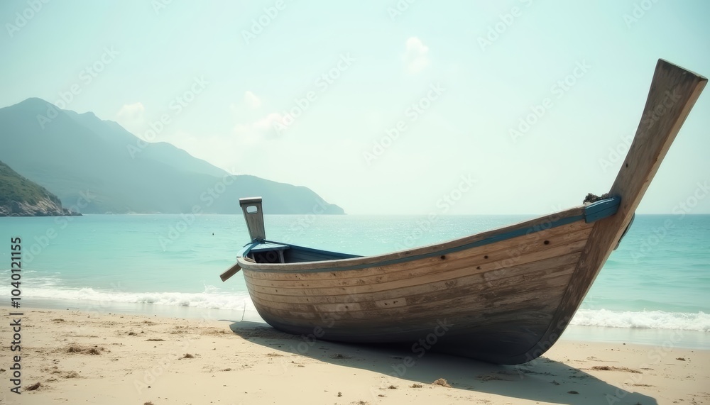 Tranquil beach escape with wooden boat Tranquil beach escape with wooden boat