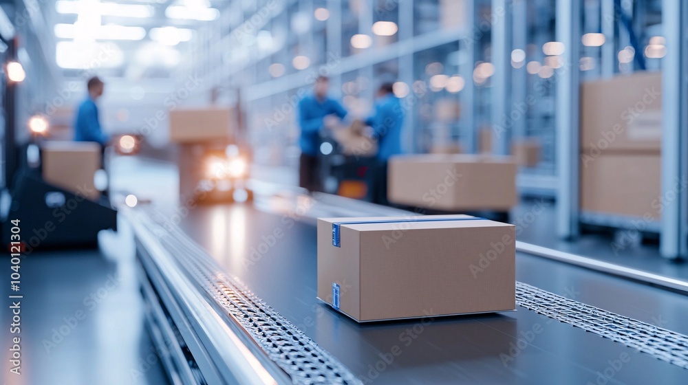 Robotic Forklifts and Conveyor Belts in a Modern Warehouse - Management Team Discussing Efficiency Upgrades for Streamlined Operations Robotic Forklifts and Conveyor Belts in a Modern Warehouse - Management Team Discussing Efficiency Upgrades for Streamlined Operations