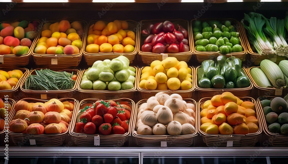 a well organized fruit and vegetable display at the grocery store offers a diverse range of fresh produce for customers to choose from a well organized fruit and vegetable display at the grocery store offers a diverse range of fresh produce for customers to choose from