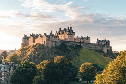 Majestic edinburgh castle at sunset with lush greenery and dramatic sky