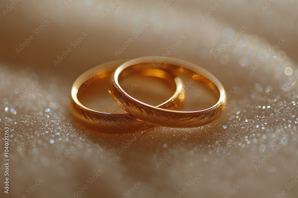 Two golden wedding rings resting on sparkling surface Two golden wedding rings resting on sparkling surface