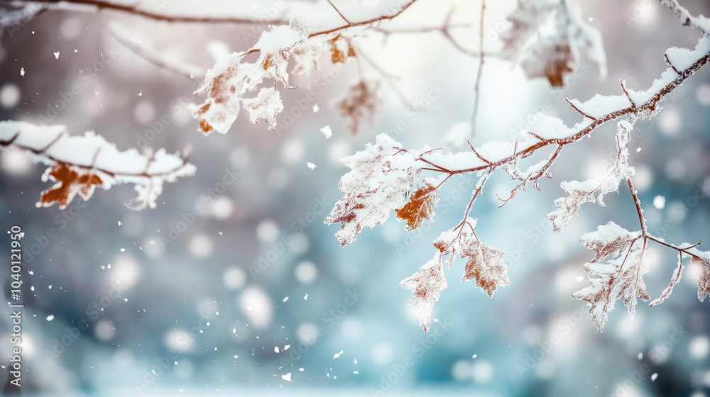 Tree branches with snowy autumn leaves on a blurred background of falling snowflakes and soft blue sky.Winter natural background with bokeh effect Tree branches with snowy autumn leaves on a blurred background of falling snowflakes and soft blue sky.Winter natural background with bokeh effect