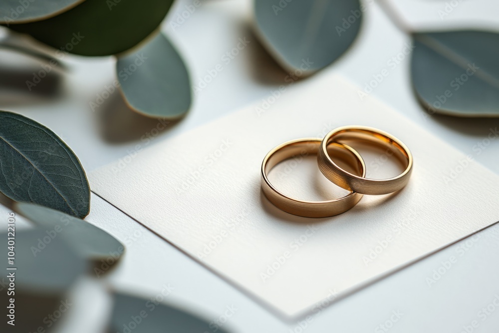Two golden wedding rings lying on white paper with green leaves Two golden wedding rings lying on white paper with green leaves