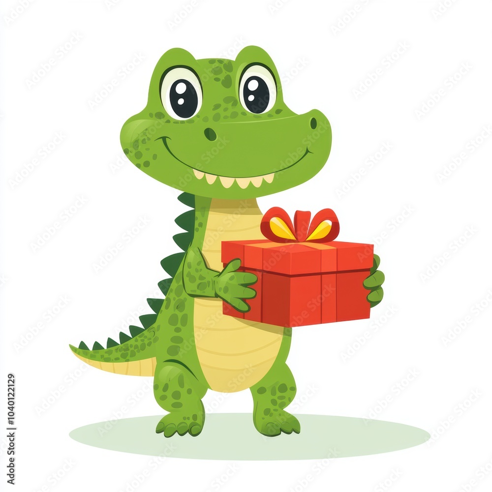 Fototapeta premium Cute alligator holding a gift box isolated over white background.