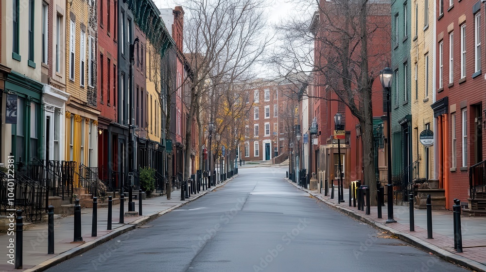 Fototapeta premium Charming empty street with colorful row houses on an overcast day
