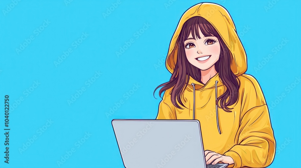 Beautiful girl in a yellow hoodie is smiling and typing on a laptop, bright blue background, anime style, vector illustration, high resolution, high detail, digital art Beautiful girl in a yellow hoodie is smiling and typing on a laptop, bright blue background, anime style, vector illustration, high resolution, high detail, digital art