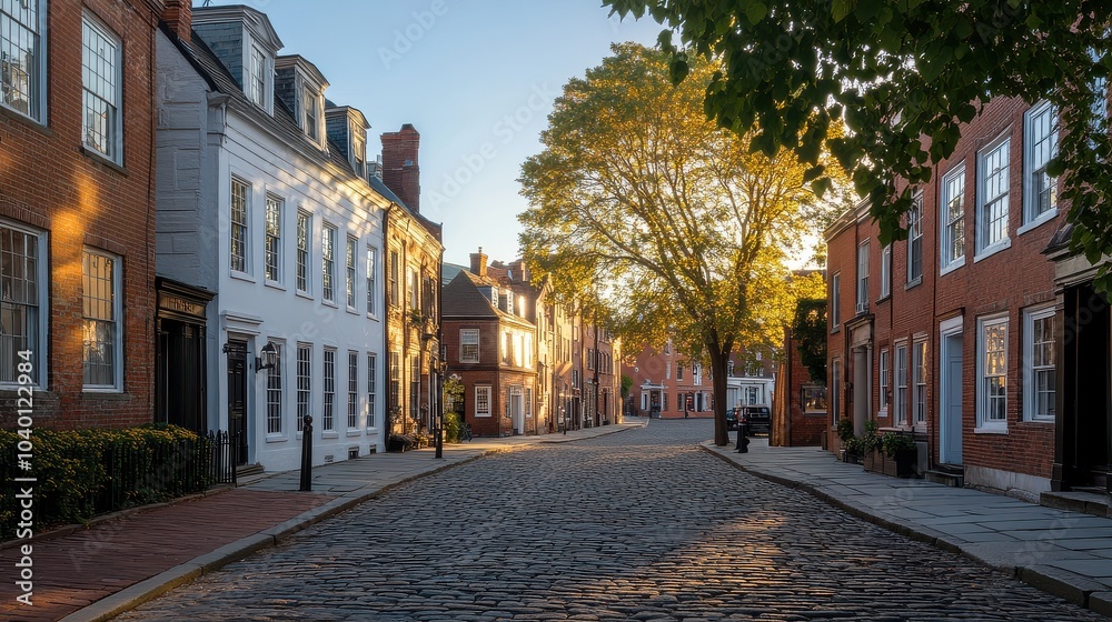 Charming cobblestone street lined with historic brick houses and golden autumn tree in sunlight Charming cobblestone street lined with historic brick houses and golden autumn tree in sunlight