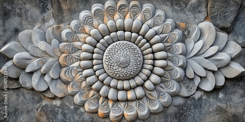 Inuit Mandala Fusion, intricate stone carving, flowing organic shapes, vibrant cool tones, rich cultural storytelling elements photo