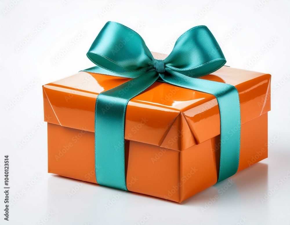 bright orange gift box with a glossy finish and a turquoise ribbon perfectly aligned isolated on a white background bright orange gift box with a glossy finish and a turquoise ribbon perfectly aligned isolated on a white background