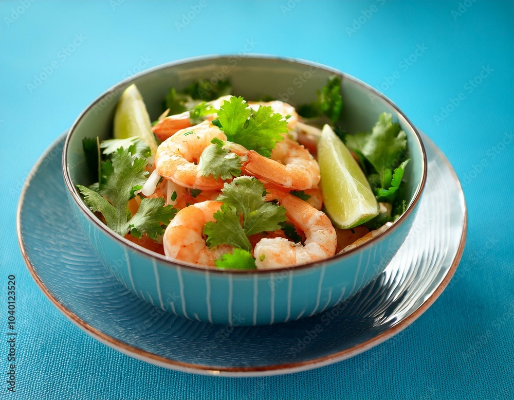 bowl of shrimp salad with lime cilantro and cilantro on blue surface