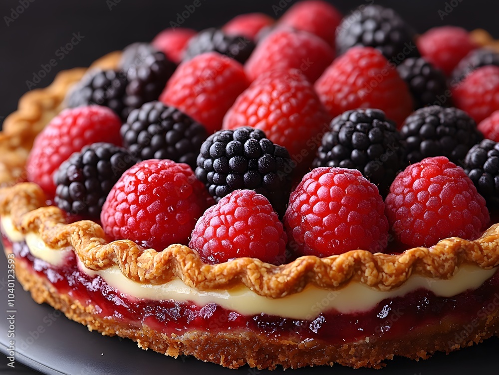 A delicious tart topped with fresh raspberries and blackberries on a golden crust. A delicious tart topped with fresh raspberries and blackberries on a golden crust.