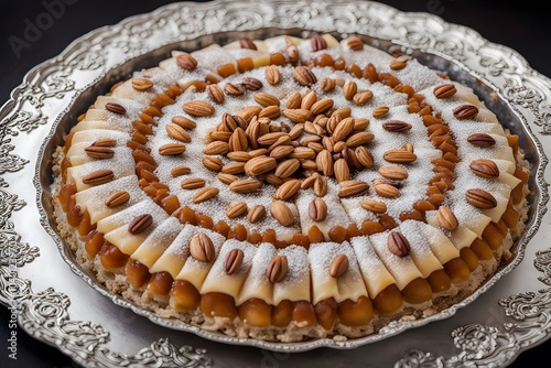 A layered turkish kadayf dessert filled with nuts and soaked in sugar syrup served on a silver plate, Ai Generated photo